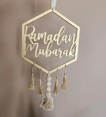 Ramadan and Eid home decor collection banner with wooden craft decorations