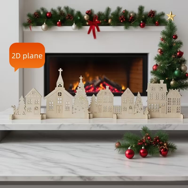 6 Pcs Rustic Wooden Christmas Village Set – 48 x 10.6 Inch, Pine MDF Tabletop