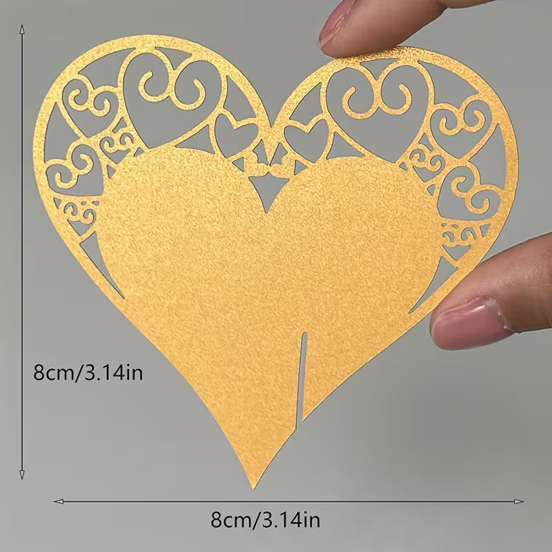 Pack of 10 Golden Heart-Shaped | Openwork Table Name Cards for Wedding, Party & Holiday Décor | Reusable Decorative Escort Cards for Christmas, Valentine’s & Mother’s Day | 3.14 x 3.14 Inch