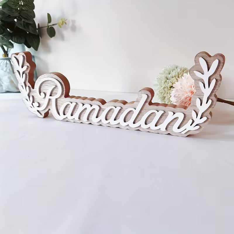 Ramadan Mubarak Wooden Tabletop Sign Pine MDF | Islamic Eid Decoration Letter Ornament | Ramadan Mubarak Table Sign for Home Room Decor | Hangable & Freestanding Eid Mubarak Decor 11.61 x 3.9 Inch