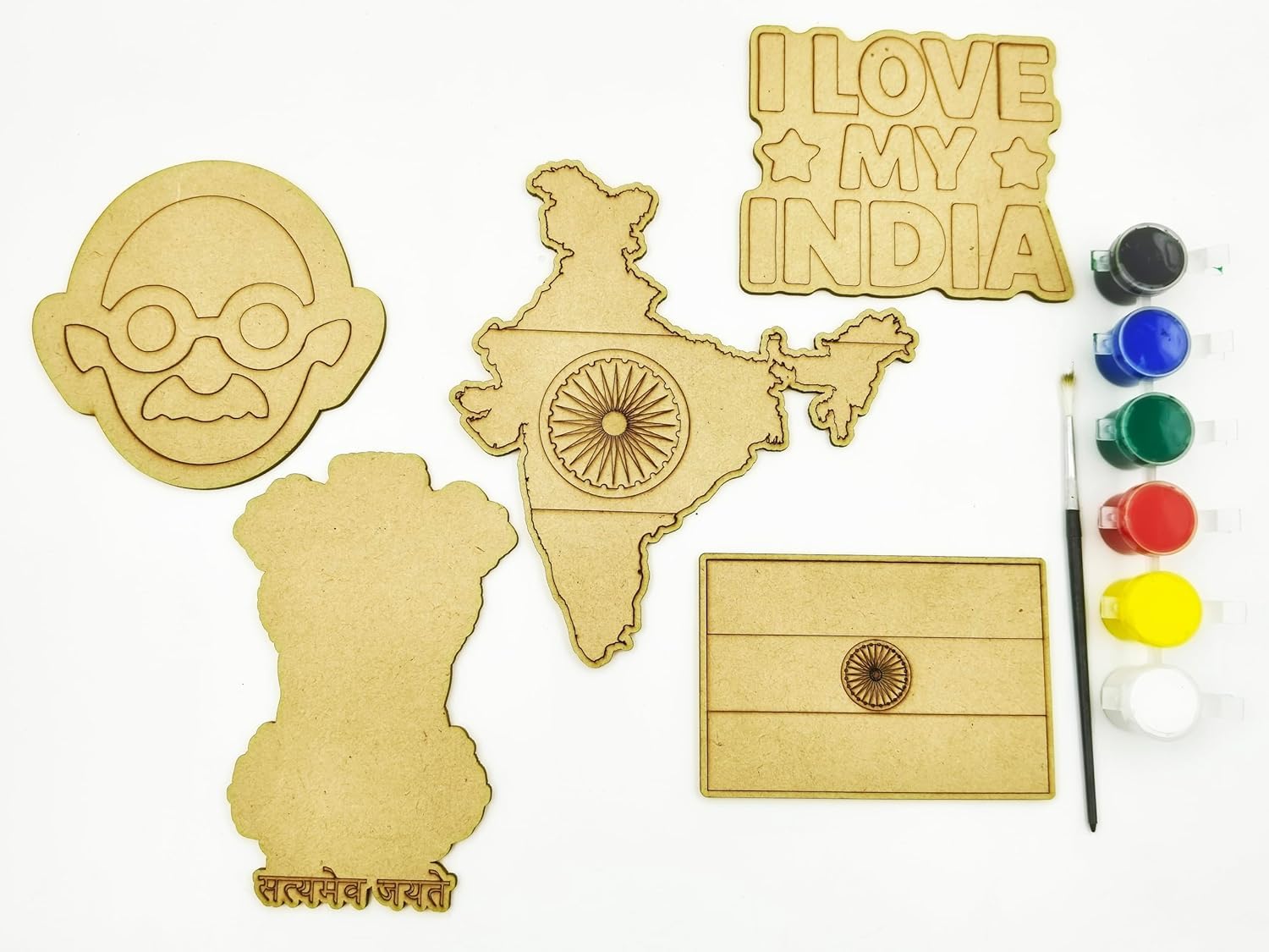 India Independence Day Craft Kit – 5 Wooden Patriotic Cutouts | DIY Gandhi Face, India Map, Flag, Ashok Stambh for Kids Craft Projects | 15.4 x 14.1 inch