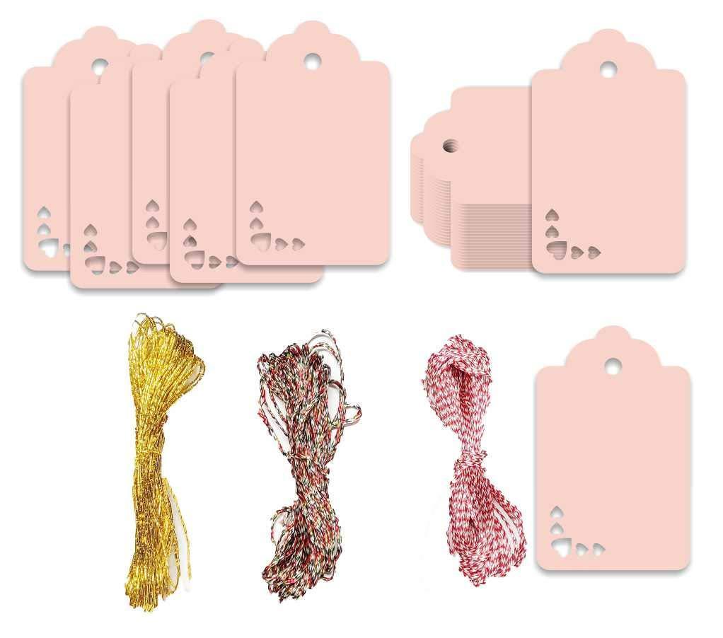 100pcs Premium oldrose Color Gift Tags Double-Sided Available Kraft Paper Price Tags with 100 Root Natural Jute Twine