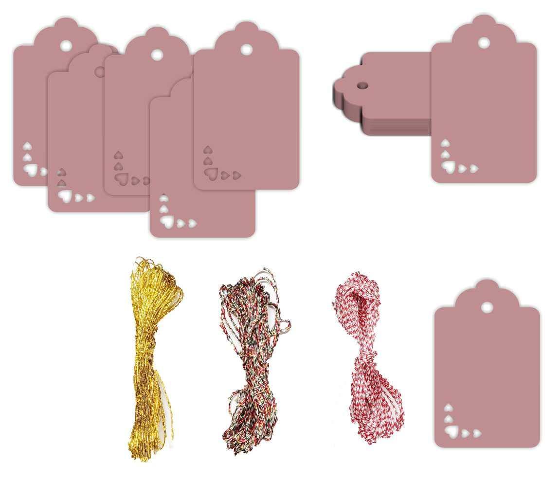 100pcs Premium oldrose Color Gift Tags Double-Sided Available Kraft Paper Price Tags with 100 Root Natural Jute Twine
