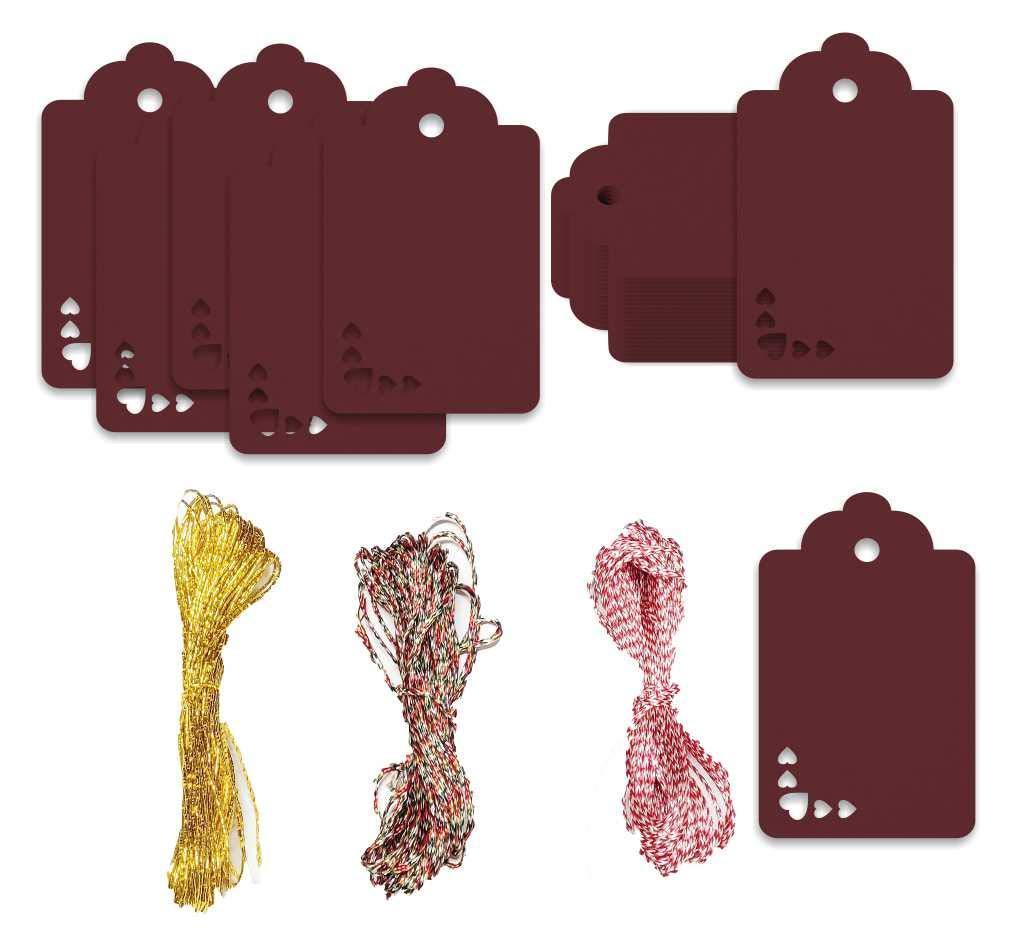 100pcs Premium oldrose Color Gift Tags Double-Sided Available Kraft Paper Price Tags with 100 Root Natural Jute Twine