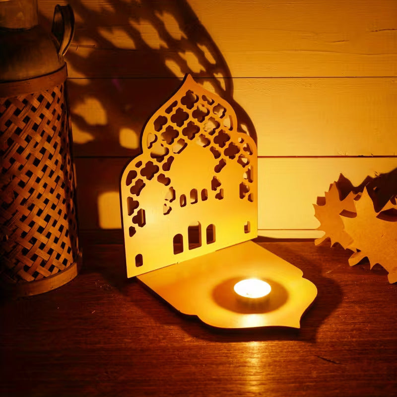 Wooden Candle Holder Eid Table Decor | Pine MDF Islamic Ramadan Candle Stand for Home Decor| Eid Ramadan Gift & Party Decoration | 7.9 x 6.5 Inch
