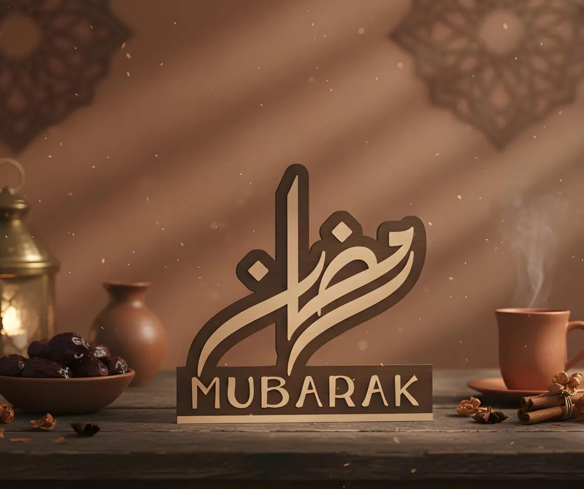 Eid Mubarak Wooden MDF Sign | Islamic Calligraphy Table & Wall Decor | Pine MDF Ramadan Decoration | Muslim Home & Prayer Room Art | 5 Inch