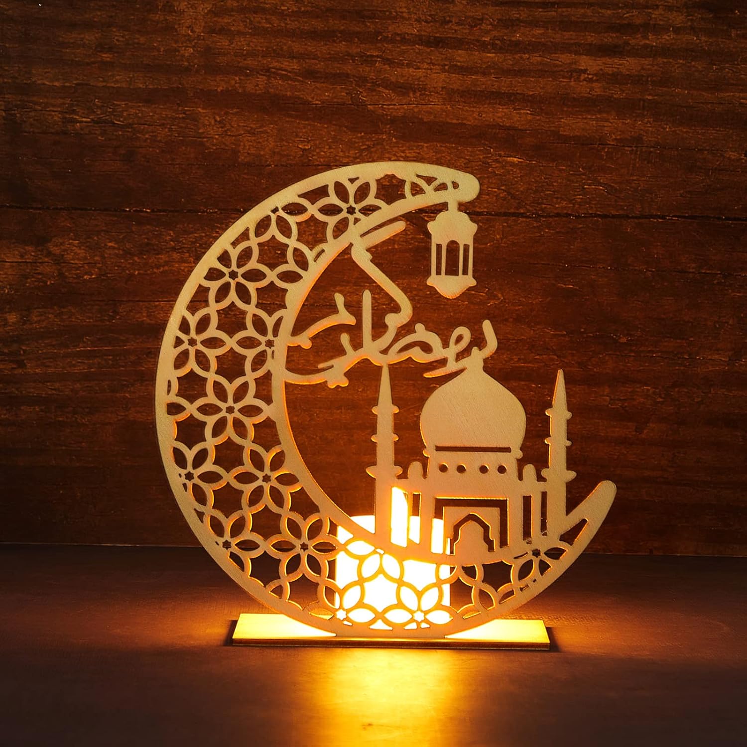 Eid Crafts Night Light Ramadan Mubarak Wooden Moon Lamp | Pine MDF Islamic Table Decor Light for Eid Al-Fitr Ramadan | Muslim Home Decoration Night Lamp | 5.8 x 5.5 Inch