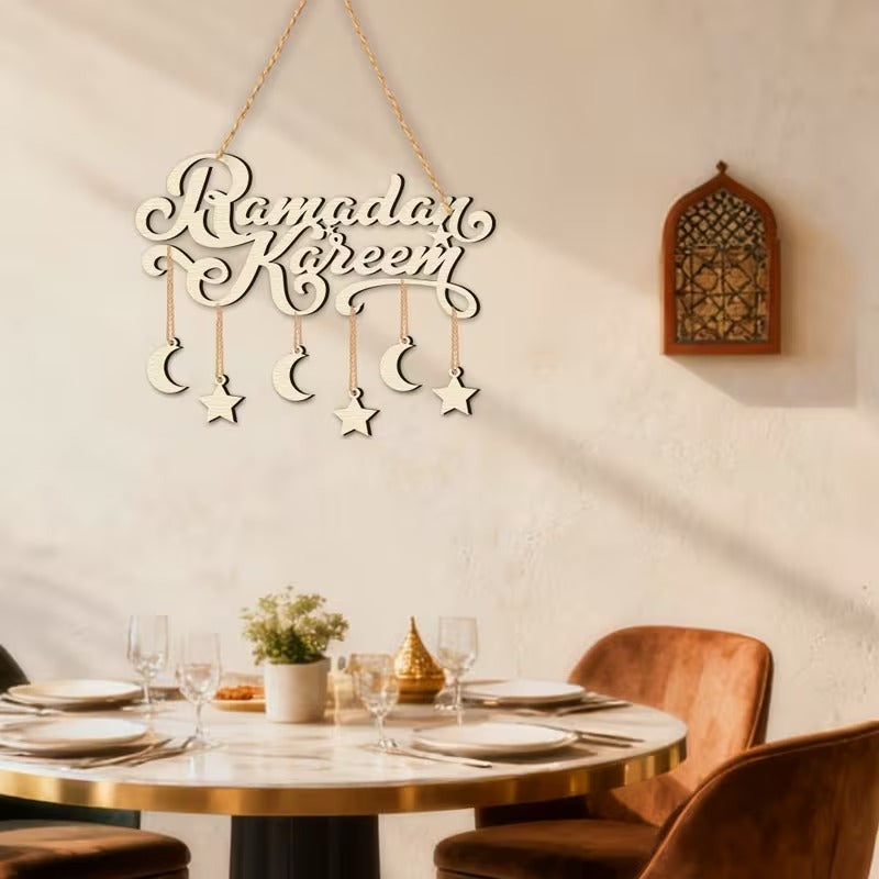 Ramadan Kareem Wooden Decorative Sign & Plaque | Moon & Star Cutout Wall Hanging with Rope