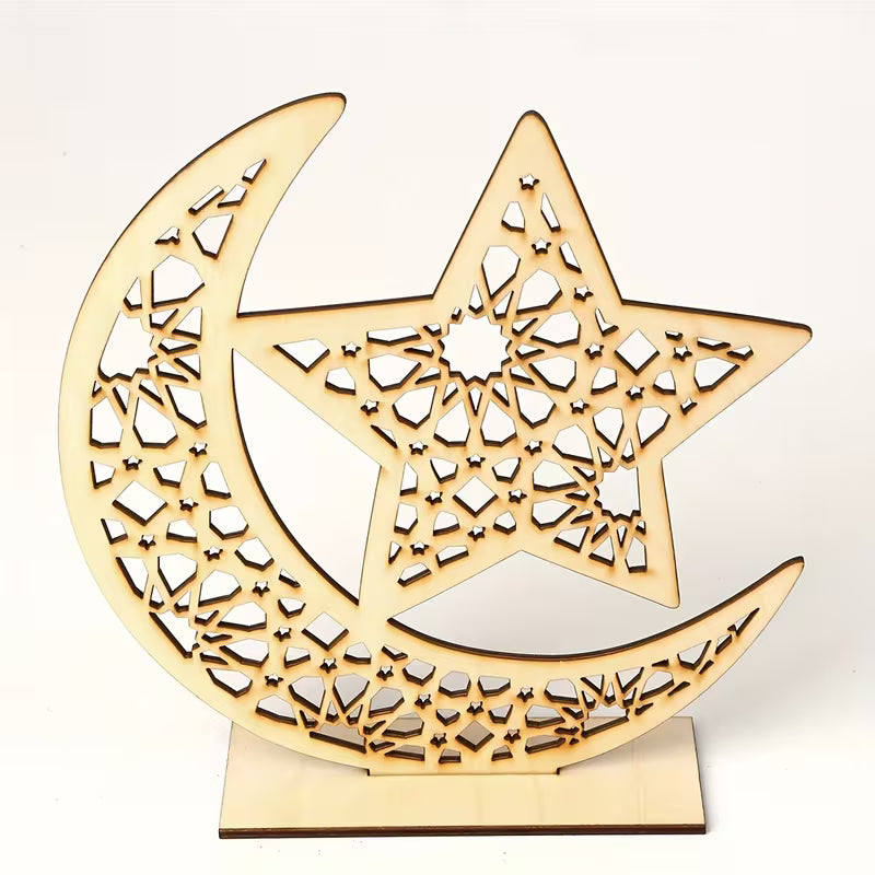 Wooden Moon & Star Craft Ornament Tabletop Decor | Wooden Moon Star Decor | Eid Decor Ornaments | Eid Ramadan Festive Decor | 5.9 Inch
