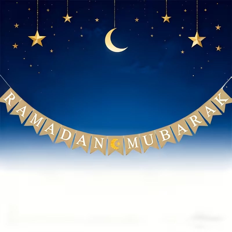 Ramadan Mubarak Banner Pacf of 15 PCS | Moon & Stars Hanging Pull Flags | Islamic Party Home Decoration | Fireplace & Wall Decor | 5.11 x 6.69 Inch