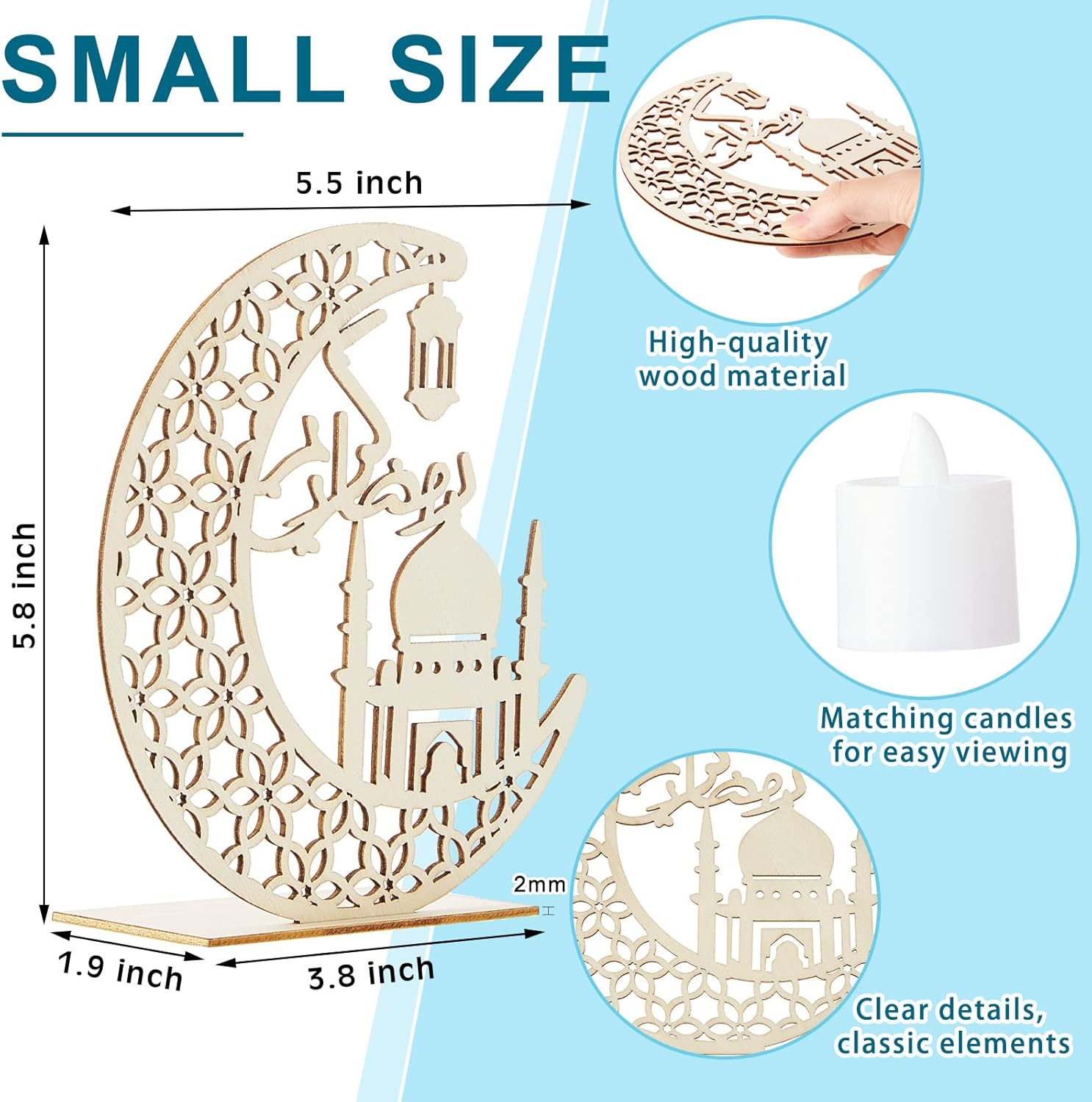 Eid Crafts Night Light Ramadan Mubarak Wooden Moon Lamp | Pine MDF Islamic Table Decor Light for Eid Al-Fitr Ramadan | Muslim Home Decoration Night Lamp | 5.8 x 5.5 Inch