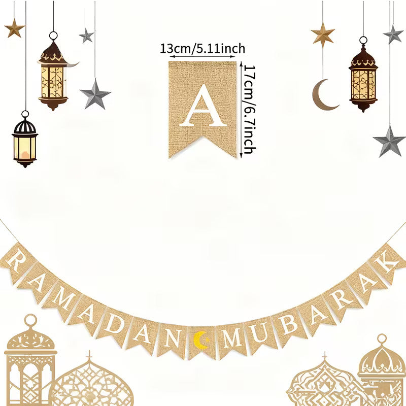 Ramadan Mubarak Banner Pacf of 15 PCS | Moon & Stars Hanging Pull Flags | Islamic Party Home Decoration | Fireplace & Wall Decor | 5.11 x 6.69 Inch