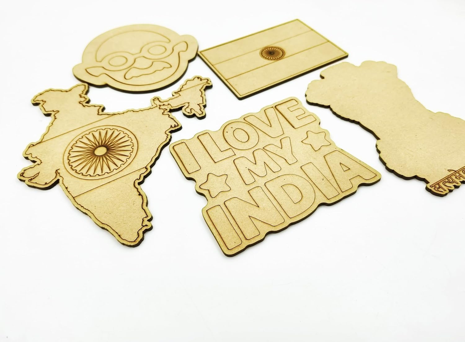 India Independence Day Craft Kit – 5 Wooden Patriotic Cutouts | DIY Gandhi Face, India Map, Flag, Ashok Stambh for Kids Craft Projects | 15.4 x 14.1 inch