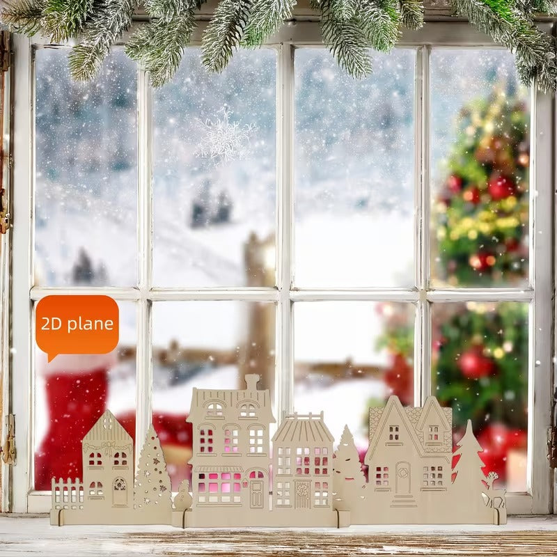 6 Pcs Rustic Wooden Christmas Village Set – 48 x 10.6 Inch, Pine MDF Tabletop