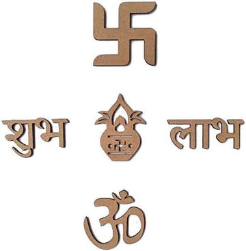 Wooden MDF Cutouts Pack of 20– Sathiya, Shubh, Labh, Kalash, Om Symbols – Small Size 2 Inch for Diwali Decor