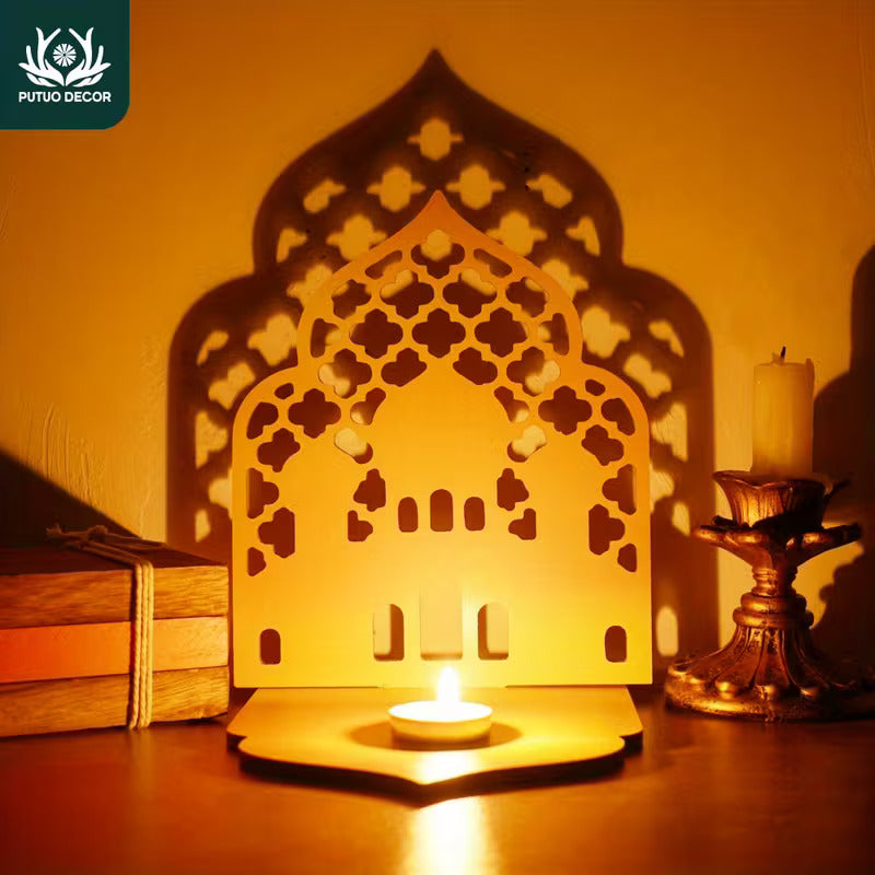 Wooden Candle Holder Eid Table Decor | Pine MDF Islamic Ramadan Candle Stand for Home Decor| Eid Ramadan Gift & Party Decoration | 7.9 x 6.5 Inch