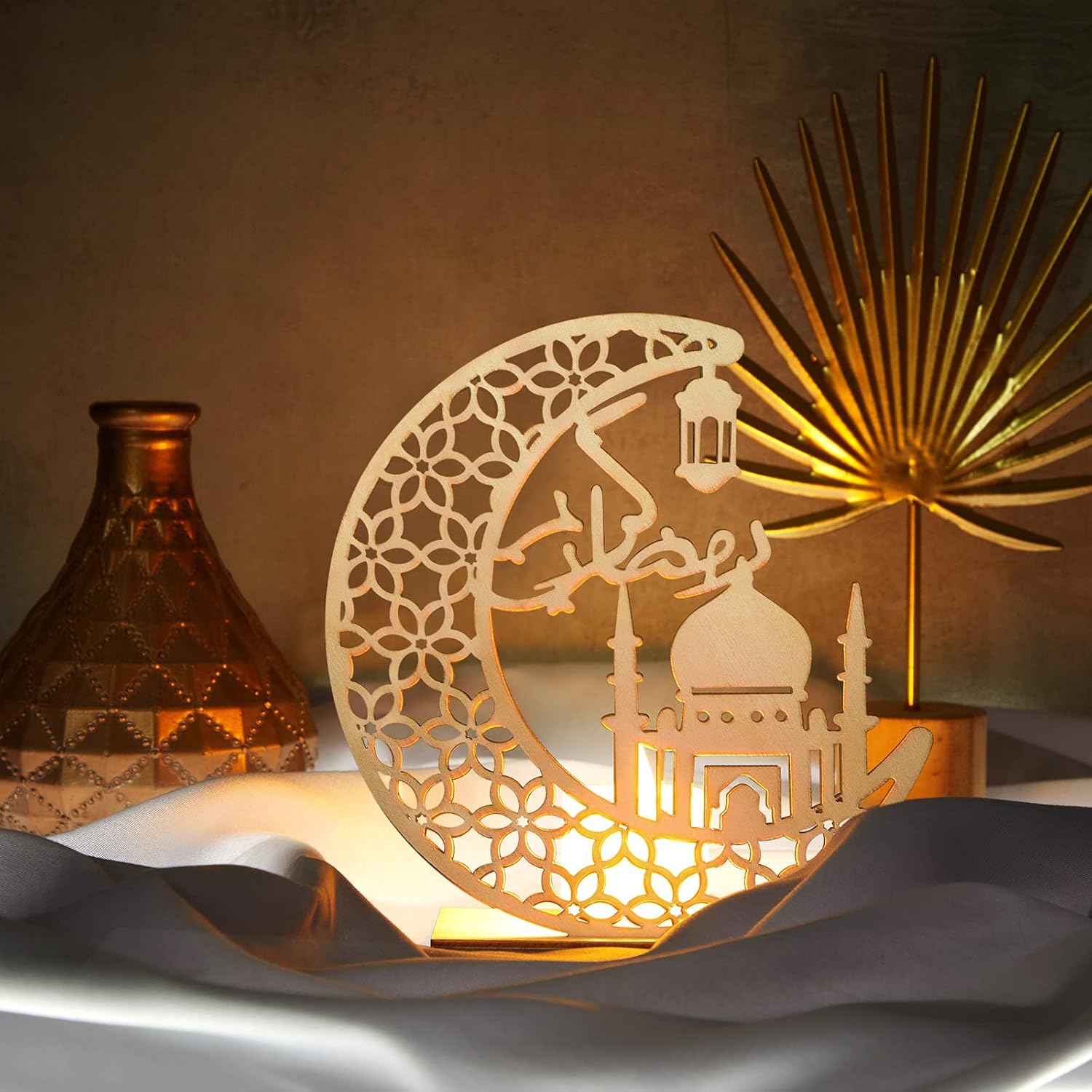 Eid Crafts Night Light Ramadan Mubarak Wooden Moon Lamp | Pine MDF Islamic Table Decor Light for Eid Al-Fitr Ramadan | Muslim Home Decoration Night Lamp | 5.8 x 5.5 Inch