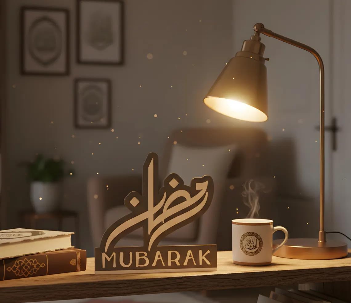 Eid Mubarak Wooden MDF Sign | Islamic Calligraphy Table & Wall Decor | Pine MDF Ramadan Decoration | Muslim Home & Prayer Room Art | 5 Inch