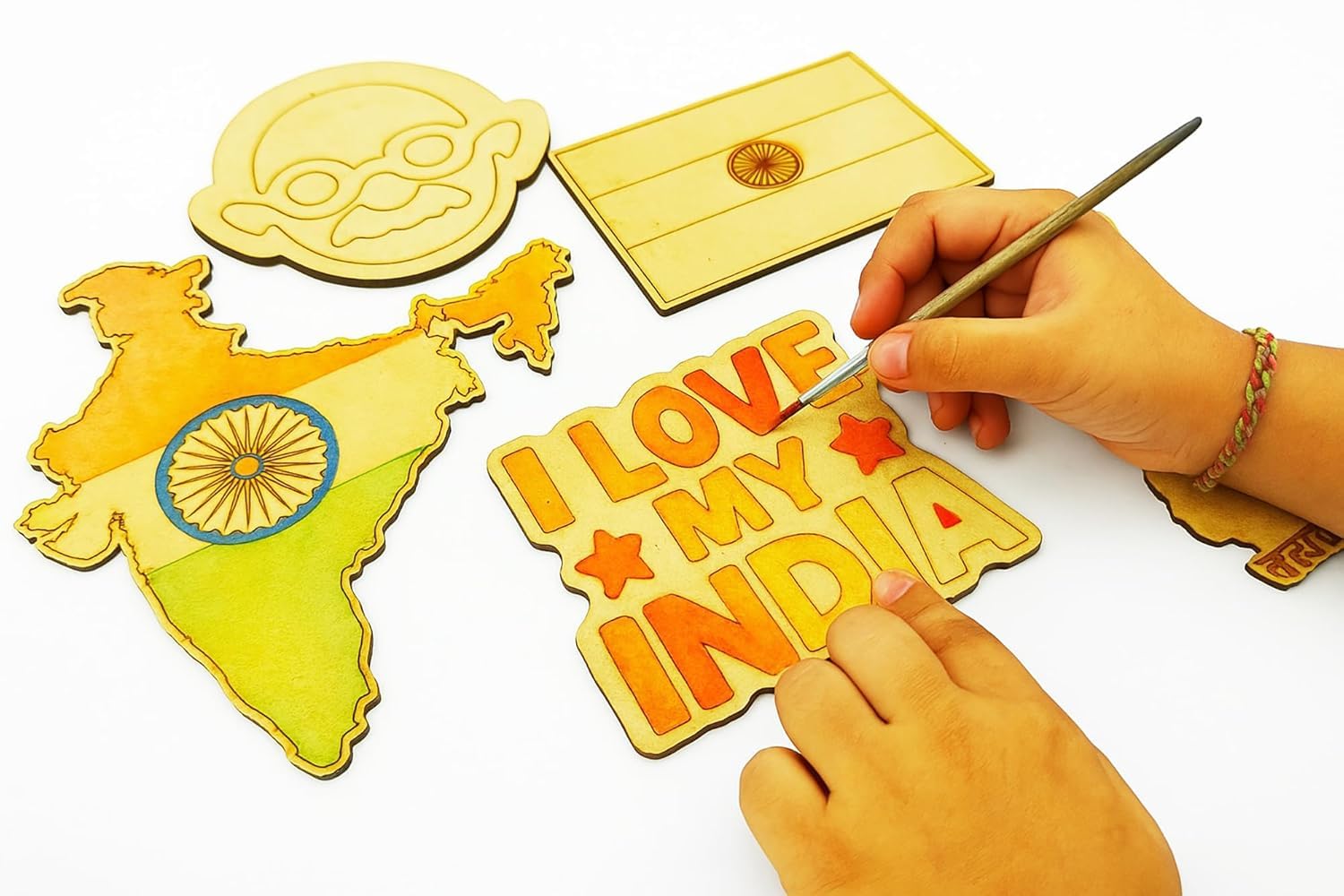 India Independence Day Craft Kit – 5 Wooden Patriotic Cutouts | DIY Gandhi Face, India Map, Flag, Ashok Stambh for Kids Craft Projects | 15.4 x 14.1 inch