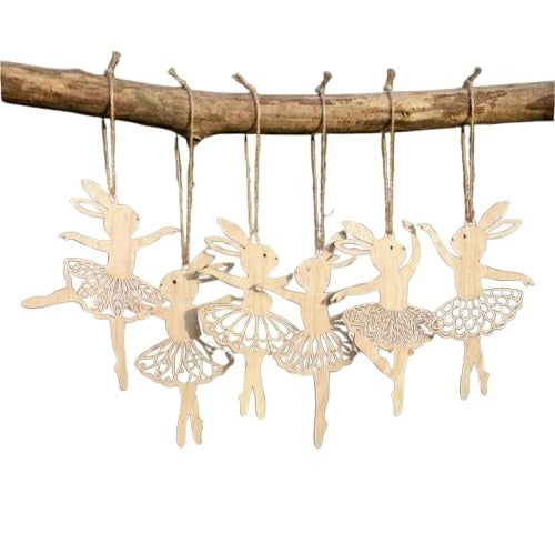 Pack of 6 Easter Ballerina Bunny Ornaments, Wooden Hanging Decorations Itmas, Home Decortion Cutouts, 4 Inch, (1 Pcs Each