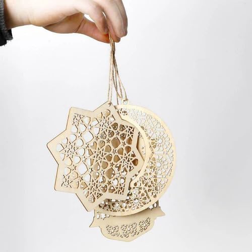 Haoser 3pcs Wood Unfinished Lantern Octagram Star Moon Pendants DIY Eid Mubarak Hanging