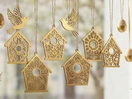 Pack of 6 Easter Tree Bird Houses SVG File Ornaments, Laser Cut Files, Wooden Home Decorations, Mandala Craft Kit - 4 Inch, (1 Pcs Each)