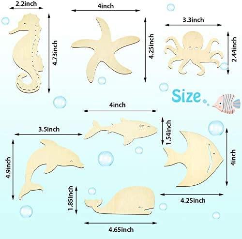 Haoser Unfinished Wood Cutouts Ocean Animals Wooden Paint Crafts for Kids Home Decor Ornament DIY Craft Art Project, Octopus, Shark, Whale, Dolphin, Seahorse, Fish Shape (Pack of 14) - Haoser