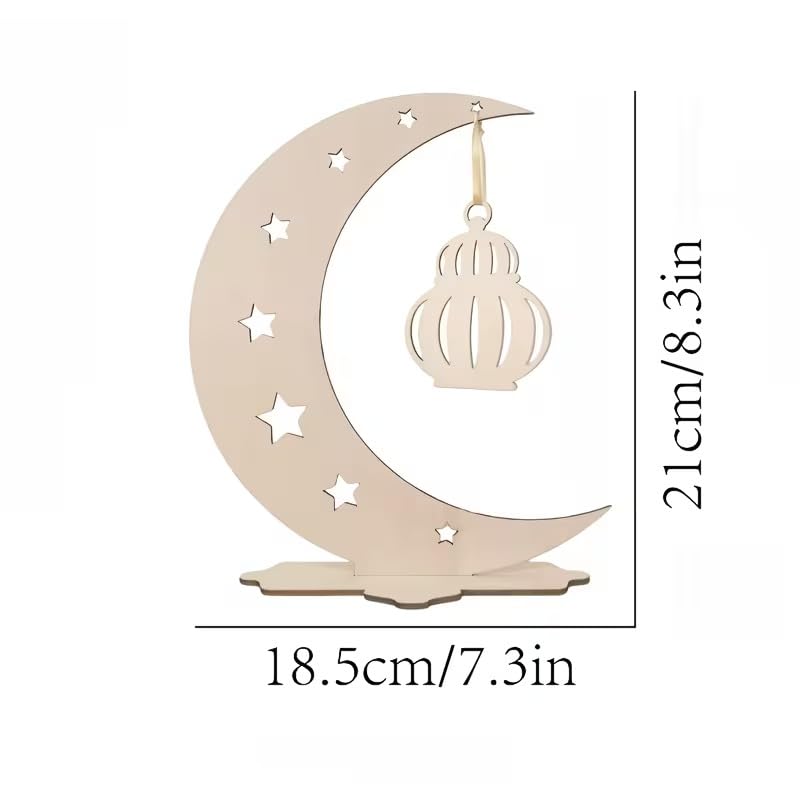 Wooden Moon & Star Tabletop Decor | Ramadan Eid Al-Fitr Islamic Ornaments with Lantern Hanging