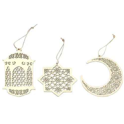 Haoser 3pcs Wood Unfinished Lantern Octagram Star Moon Pendants DIY Eid Mubarak Hanging