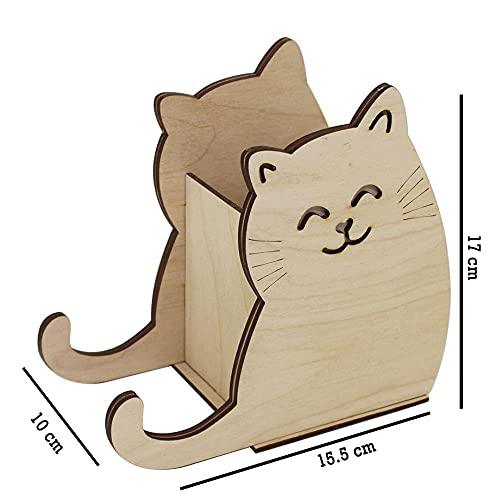Haoser Wood Cat design Pen Holder 17 cm Pine MDF Wood, Mobile Holder, Pen Holder, Home and Venue D?cor - Haoser
