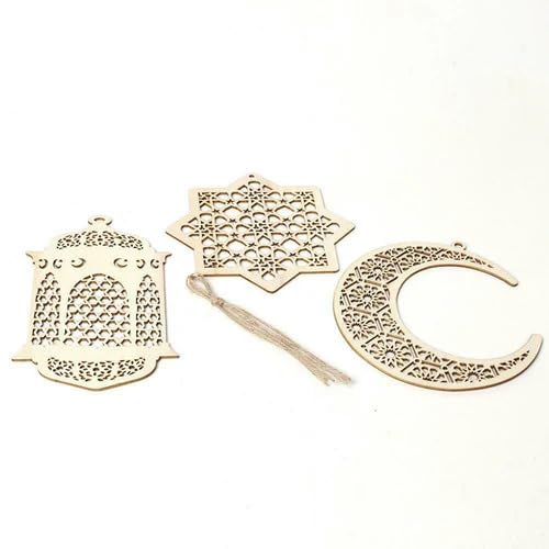 Haoser 3pcs Wood Unfinished Lantern Octagram Star Moon Pendants DIY Eid Mubarak Hanging