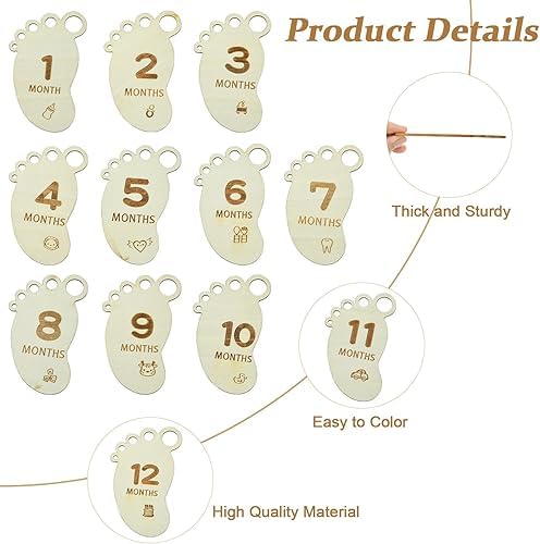 14 Pcs Wooden Baby Monthly Milestone Markers – Footprint Shaped Newborn Photo Prop