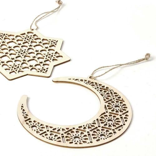 Haoser 3pcs Wood Unfinished Lantern Octagram Star Moon Pendants DIY Eid Mubarak Hanging