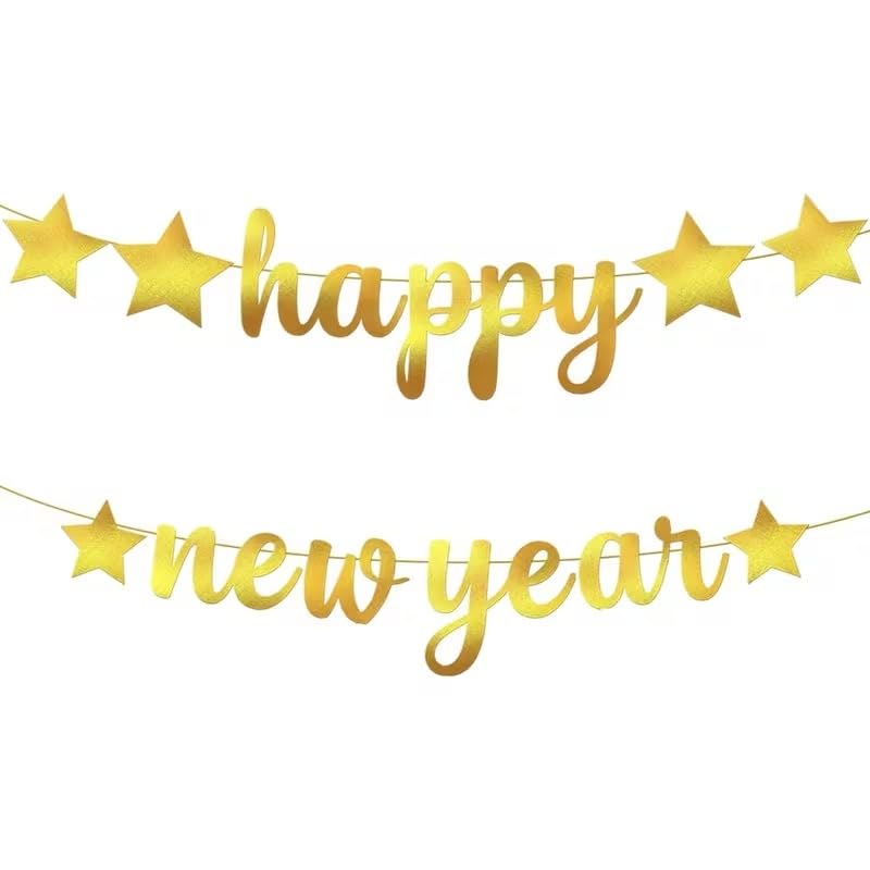 Golden Paper Happy New Year Banner – 6 Feet Paper Party Decoration Golden Letters & Stars, Durable Hanging Décor for 2026 New Year’s Events