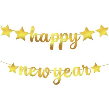 Golden Paper Happy New Year Banner – 6 Feet Paper Party Decoration Golden Letters & Stars, Durable Hanging Décor for 2026 New Year’s Events