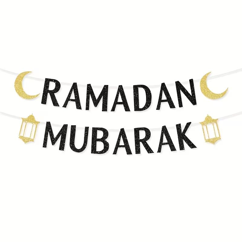 Ramadan Mubarak Paper Banner with Glitter Moon & Lantern | Islamic Eid al-Fitr & Ramadan Party Decorations | English Text Hanging Banner for Muslim Home, Mosque & Iftar | Letter Height 5.91 Inch