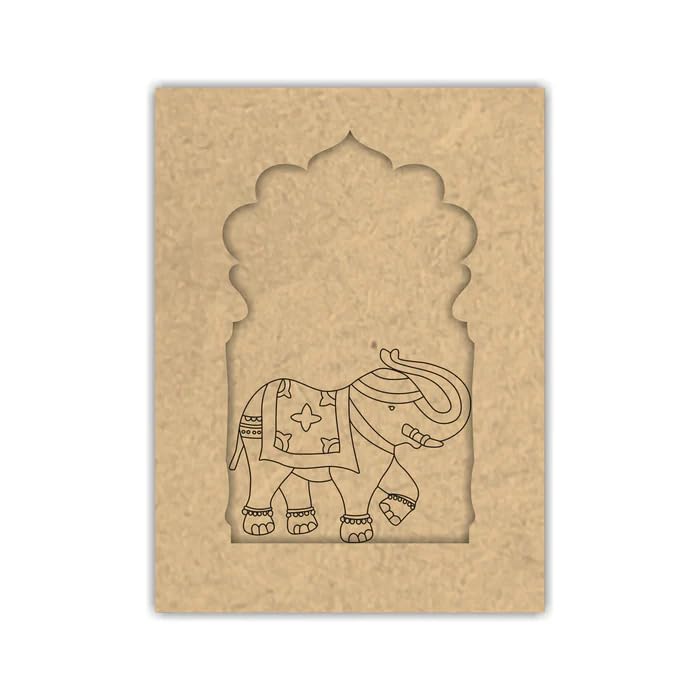 Pair of 1 Pre-Marked Wooden MDF Jharokha – Elephant Right Design | 10x6 Inch Wall Decor Panel for Craft, Lippan Art & Painting