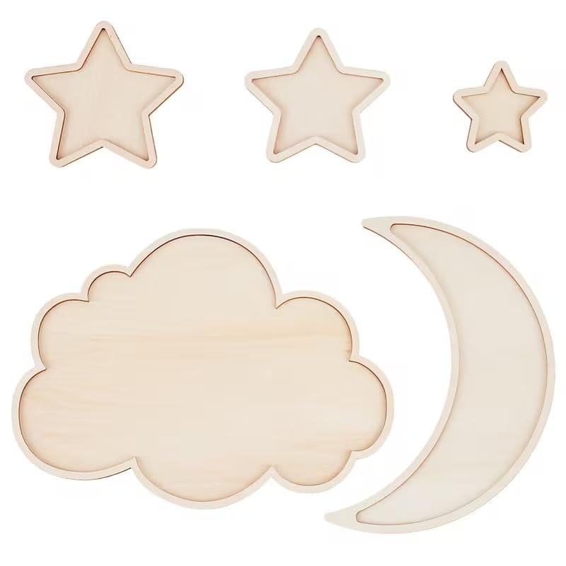 5 Set Unfinished Pine MDF Moon & Stars Wooden Cutouts Set for DIY Arts & Crafts