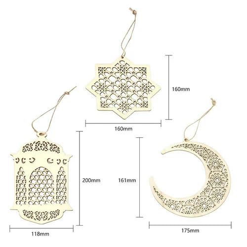 Haoser 3pcs Wood Unfinished Lantern Octagram Star Moon Pendants DIY Eid Mubarak Hanging