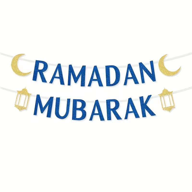 Ramadan Mubarak Paper Banner with Glitter Moon & Lantern | Islamic Eid al-Fitr & Ramadan Party Decorations | English Text Hanging Banner for Muslim Home, Mosque & Iftar | Letter Height 5.91 Inch (Bule)