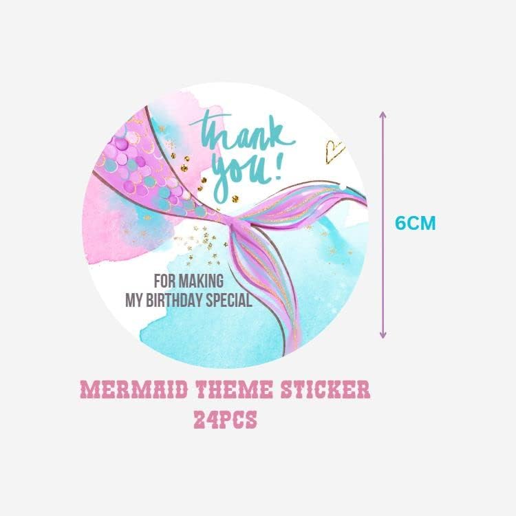 Mermaid Theme Thank You Stickers – 24 Pcs Round 6 CM Multicolour Labels for Return Gift Bags, Party Favor