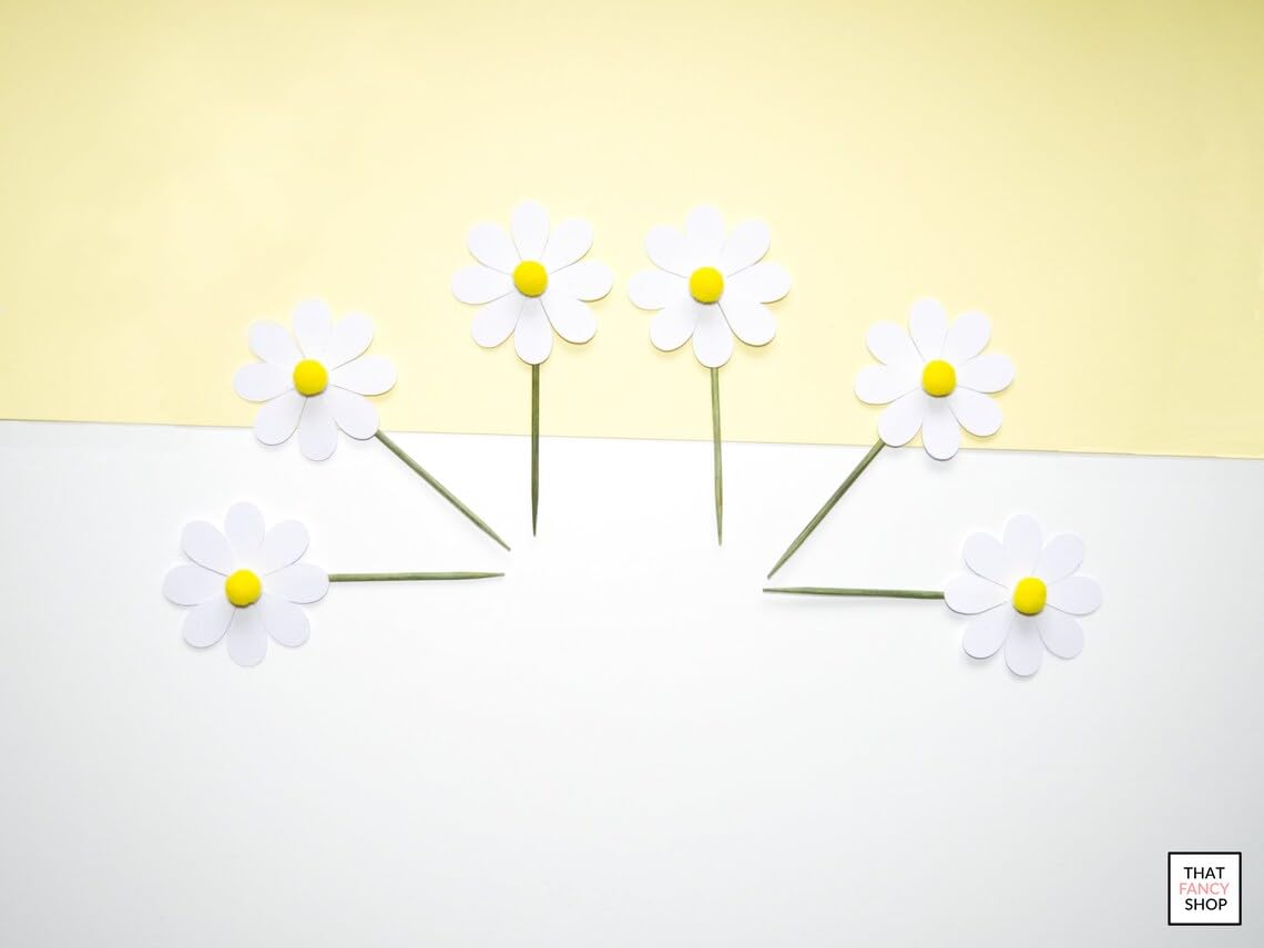 Pack of 6 Daisy Cupcake Toppers | 2 Inch Flower Cake Decoration | Pine MDF Mini Topper | Floral Daisy Theme | Baby Shower, Boho Party, Cupcake Decor