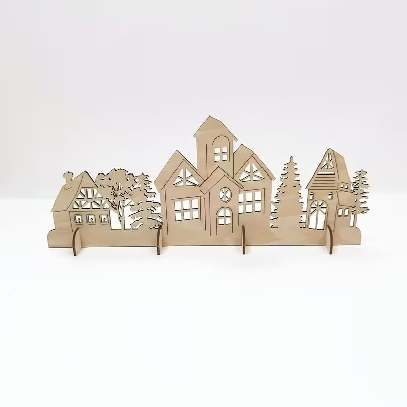 Wooden Christmas Village Display – Church, Cottage & Winter Forest Desktop Decoration