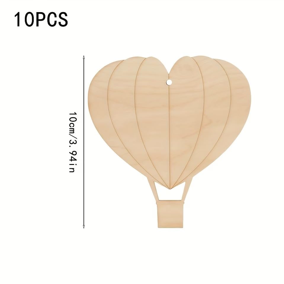 10 Pcs Wooden Heart Hot Air Balloon Hanging Cutouts | Pine MDF Craft Shapes