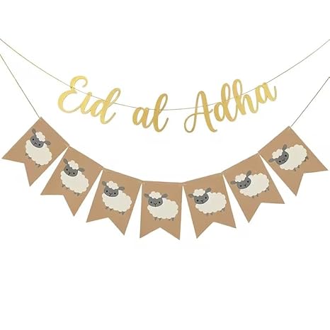 Eid Al Adha Banner Set, Golden Letter "Eid Al Adha" Banner with Cute Sheep Bunting, Rustic Kraft Paper Eid Al-Adha Party Decorations, Islamic Festival Eid Mubarak Home Wall Hanging Decor Supplies