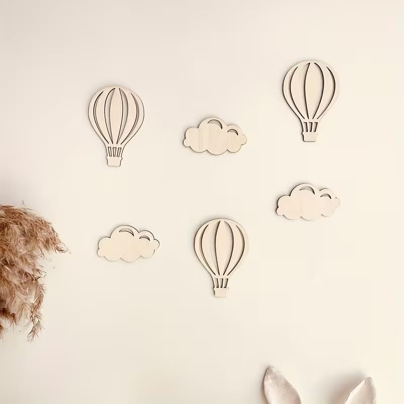 6 Pcs Hot Air Balloon Wooden Wall Decor Set | Pine MDF Nursery Wall Stickers | Balloon & Cloud Wooden Wall Art for Kids Room