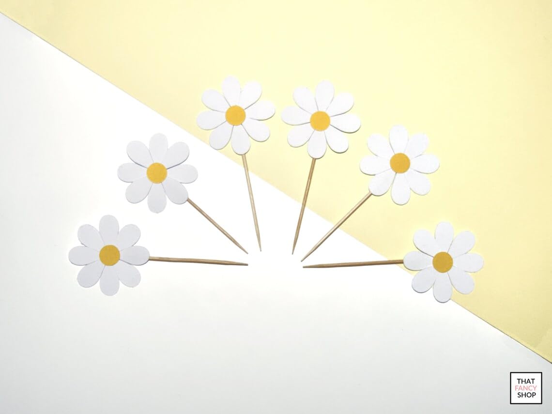 Pack of 6 Daisy Cupcake Toppers | 2 Inch Flower Cake Decoration | Pine MDF Mini Topper | Floral Daisy Theme | Baby Shower, Boho Party, Cupcake Decor