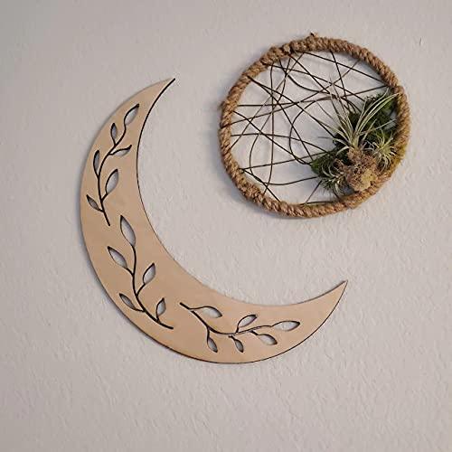 Haoser Pine MDF Wood floral Moon Wall Decor, Crystal Display helves for Home, Bedroom, Nursery, Dorm, Cabin, Laser cut Moon - Haoser