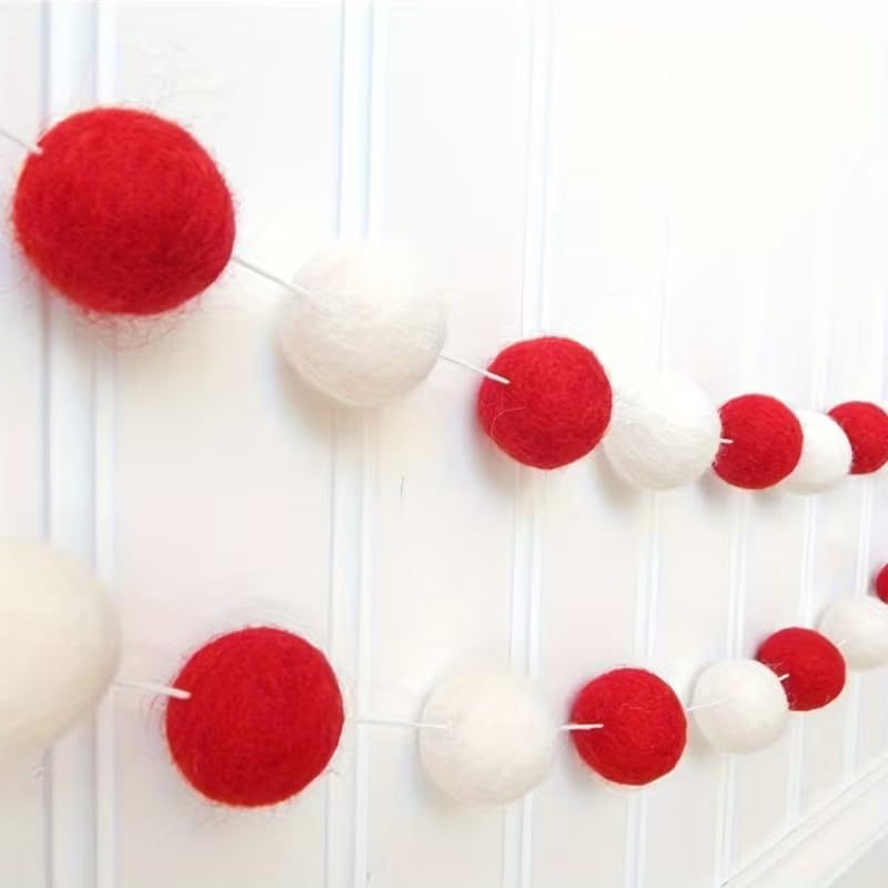 2 pcs Red & White Felt Pom Pom Garland – 3.28 Ft Each (6.56 Ft Total) | Handmade Christmas Tree & Mantel Decoration, Holiday Wall Hanging, Festive Party Supplies & Home Seasonal Décor