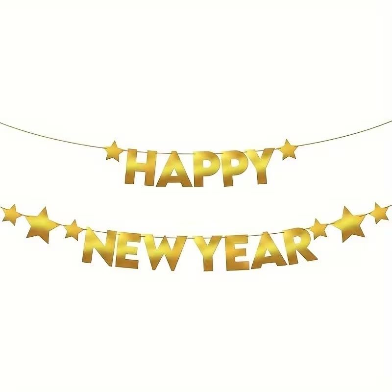 Golden Happy New Year Banner – Paper Party Decoration, 6 Ft Festive Hanging with Golden Stars & Happy New Year Letters, Easy Adhesive Hanging Strips, Durable Indoor Outdoor Celebration Décor